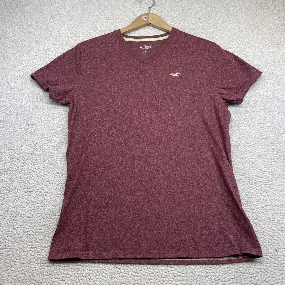 Hollister‎ T-Shirt Mens S Red Burgundy V-Neck Short Sleeve Logo Heathered Tee